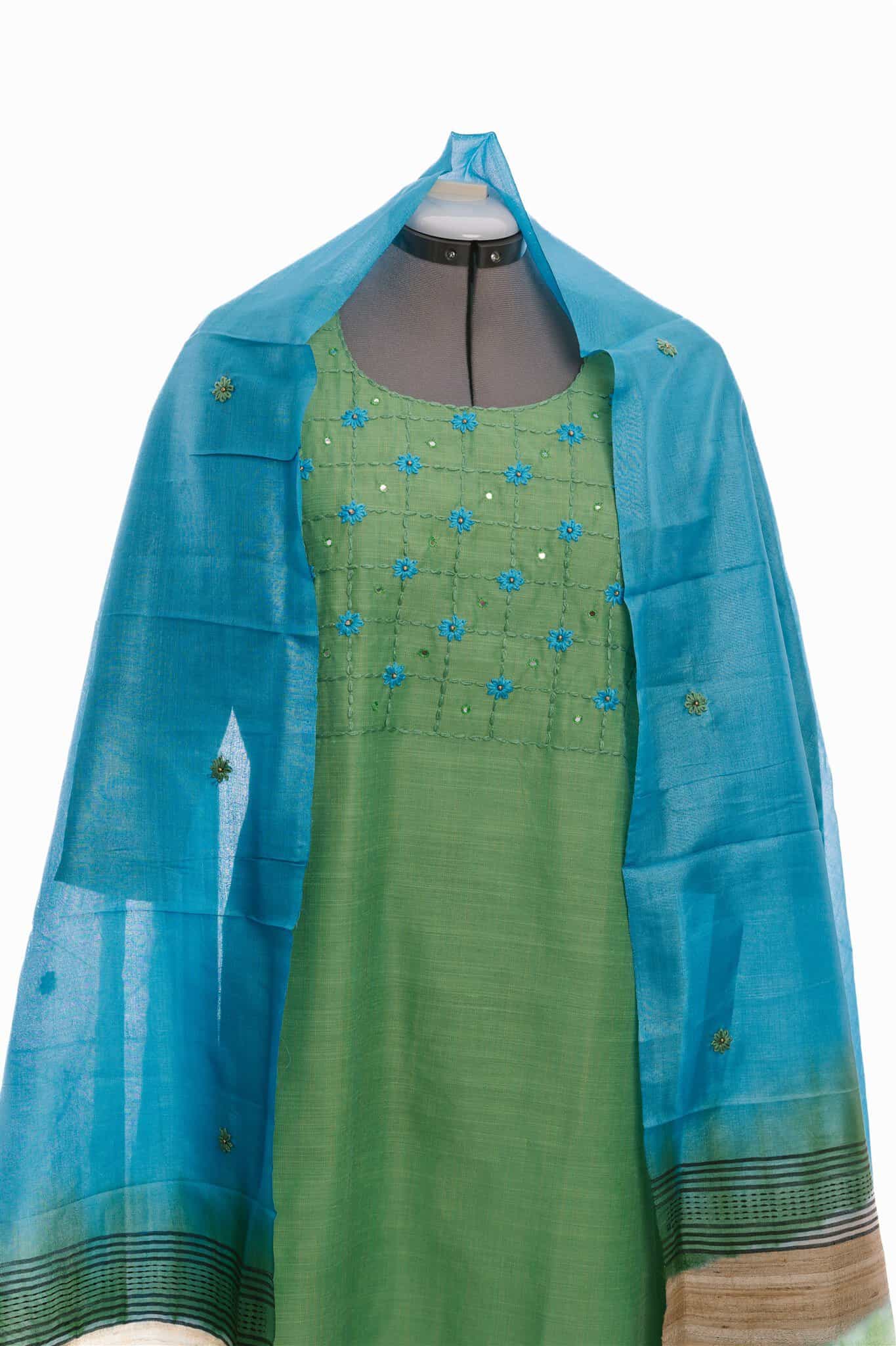 Parrot Green and Blue Silk Cotton Salwar Suit (Three Piece Set) - Image 2