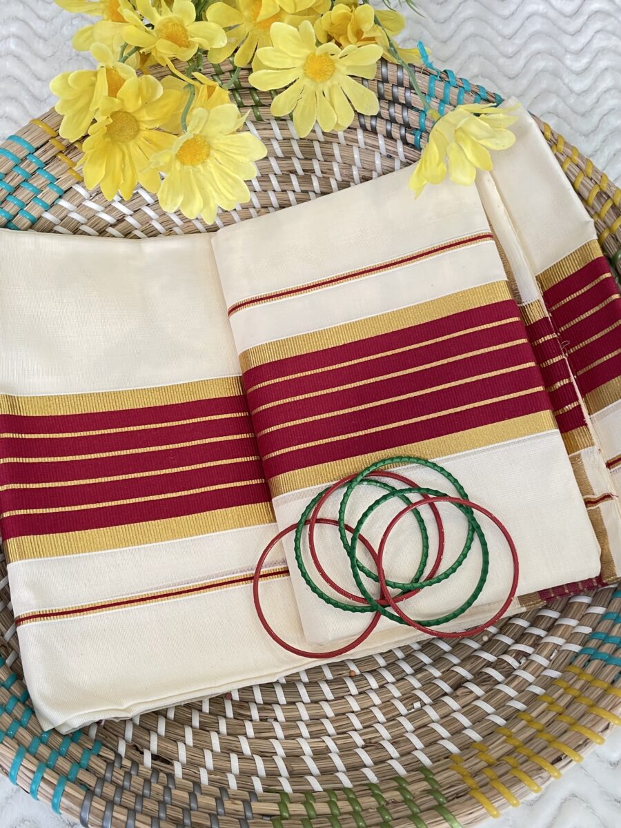 Kerala set mundu (Red and Golden stripe kara)