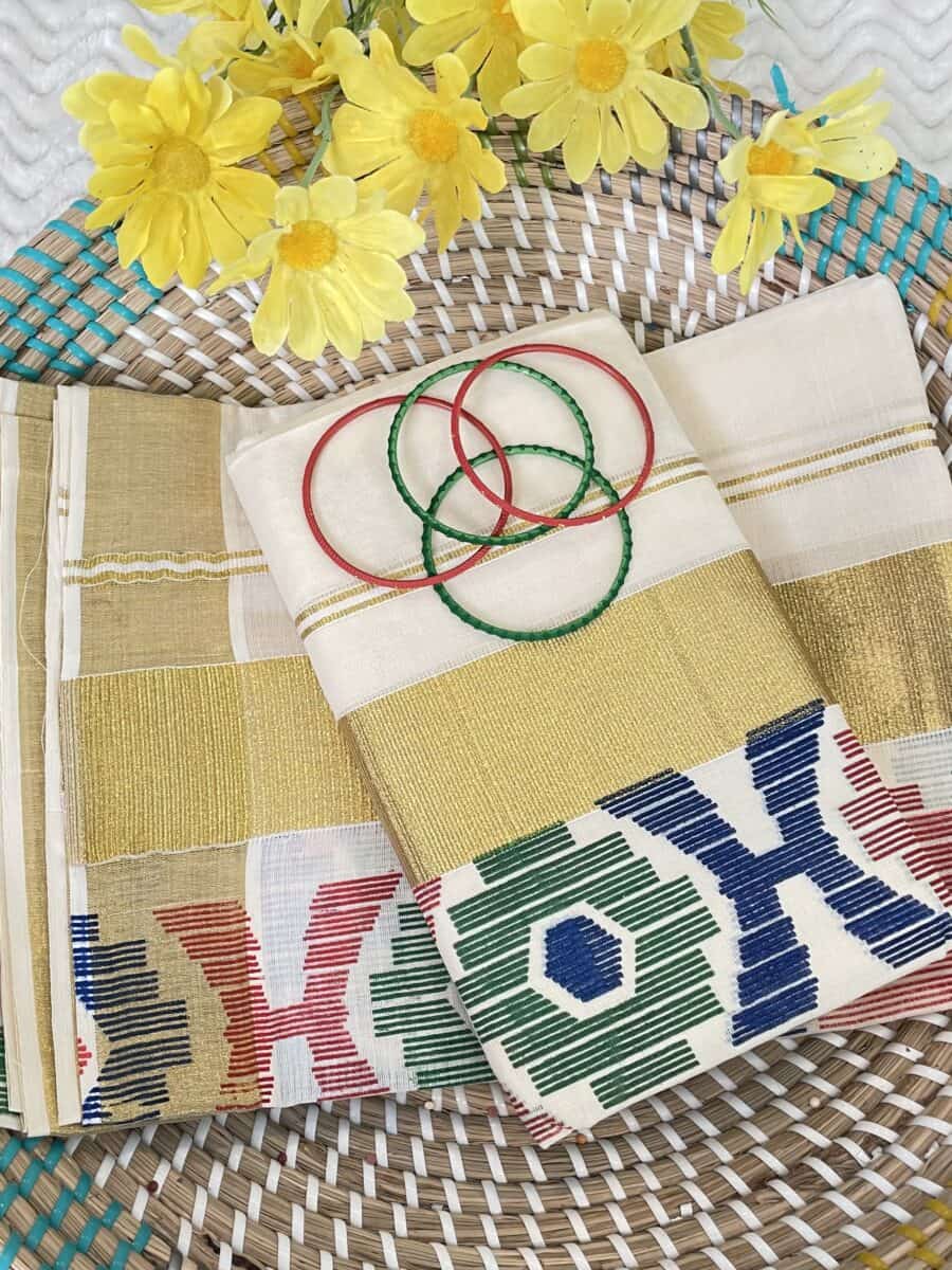 Kerala set mundu (Multi color geometric design)