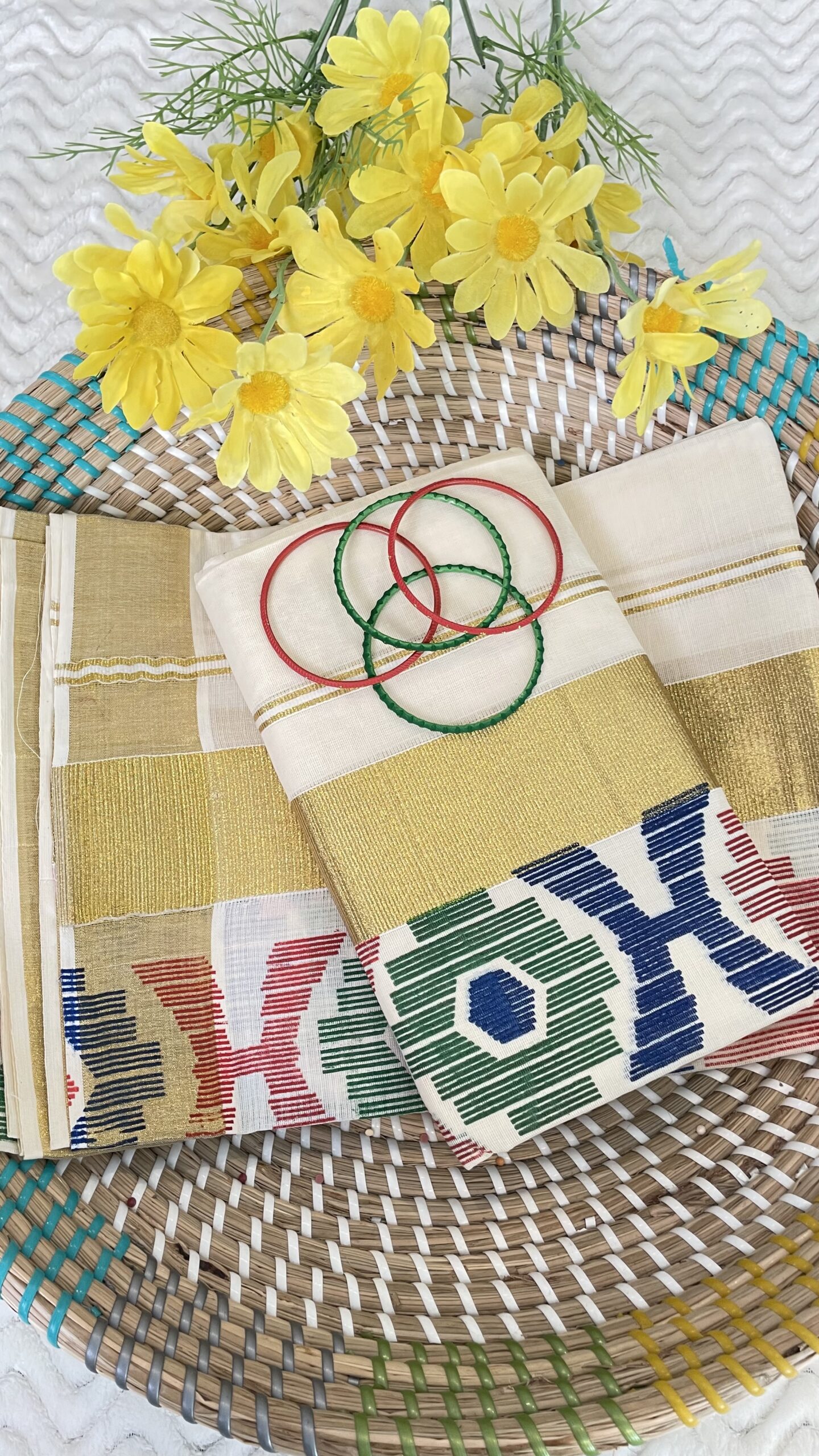 Kerala set mundu (Multi color geometric design)