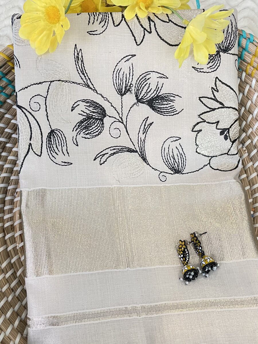 Kerala Saree with Black and Light Golden Thread work