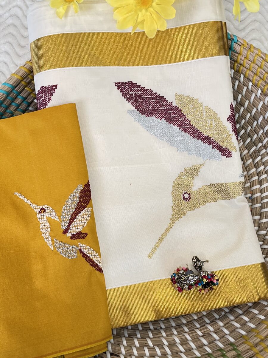 Kerala Saree with Cross Stitch Embroidery