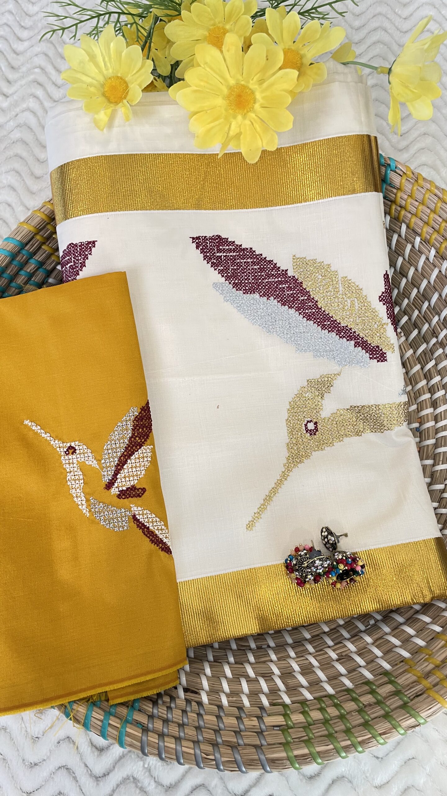 Kerala Saree with Cross Stitch Embroidery