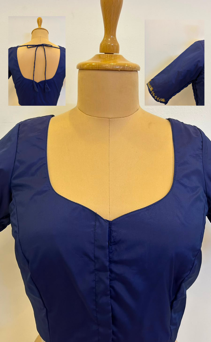 Cotton Silk Stretchable Saree Blouse with Hand Embroidery-Blue