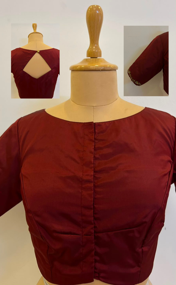 Cotton Silk Blouse with Embroidery on Sleeve - Maroon