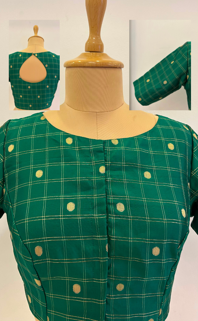 Cotton Silk Cheque design Saree blouse-Green