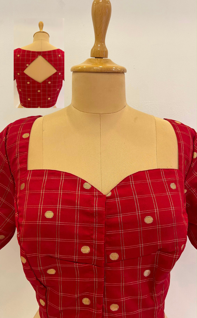 Cotton Silk Cheque design Saree blouse-Red