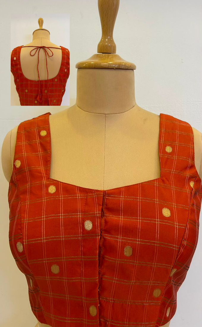 Cotton Silk Cheque design Saree sleeveless blouse- Brick Red