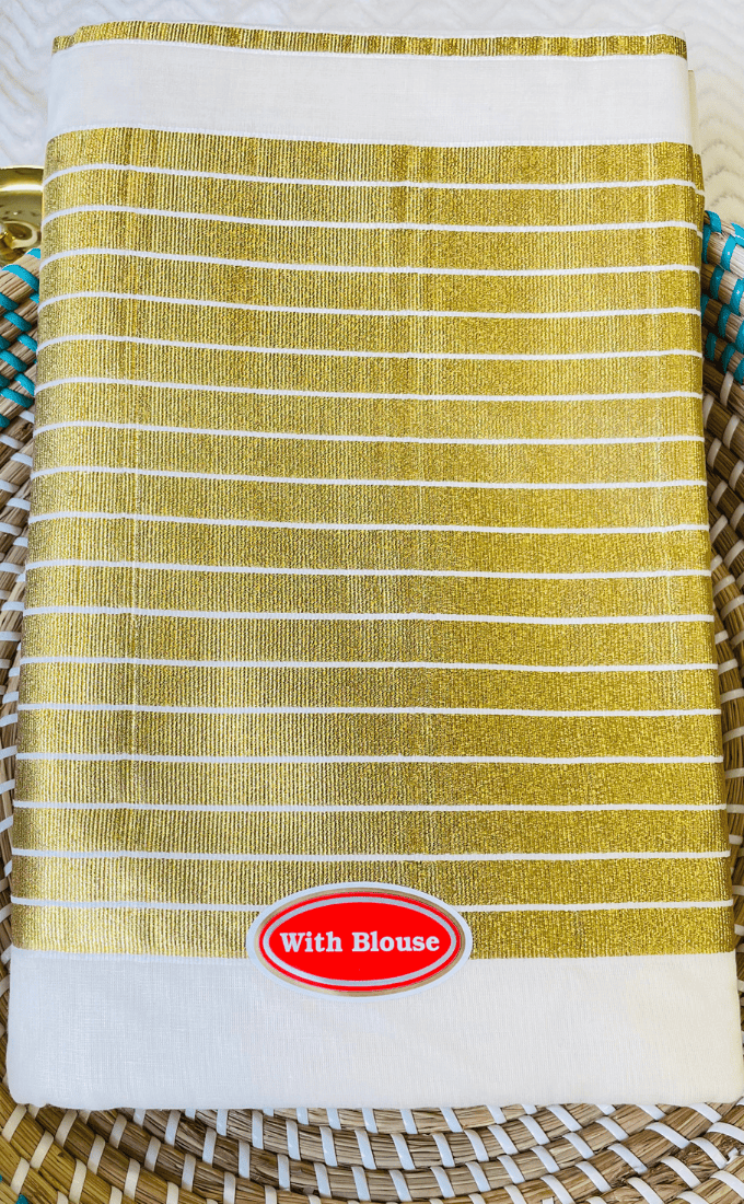 Cotton Kerala Kasavu Saree with Golden Stripes & Blouse | Traditional Onam Saree
