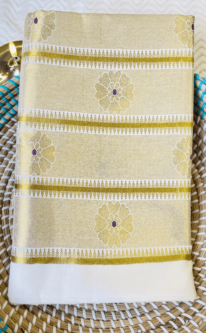 Kerala Kasavu Cotton Saree with Floral Gold Motifs & Purple Accents