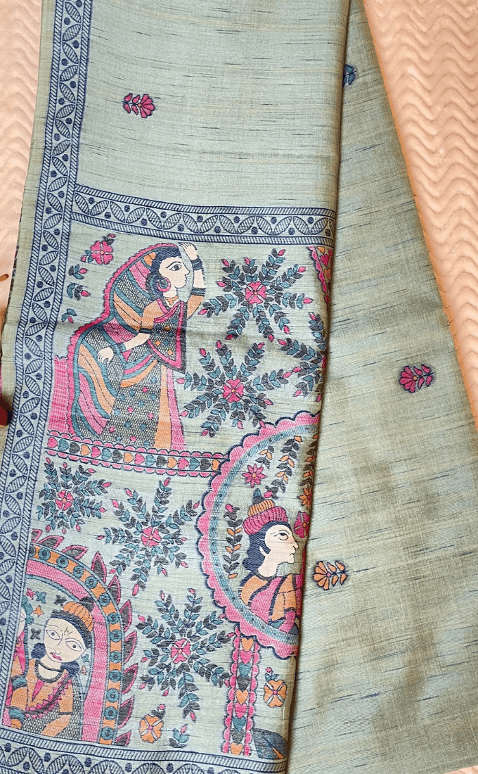 Sage Green Madhubani Art Saree – Heritage Collection