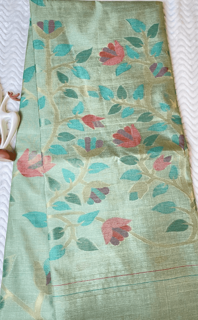 Sage Green Floral Vine Semi Silk Saree