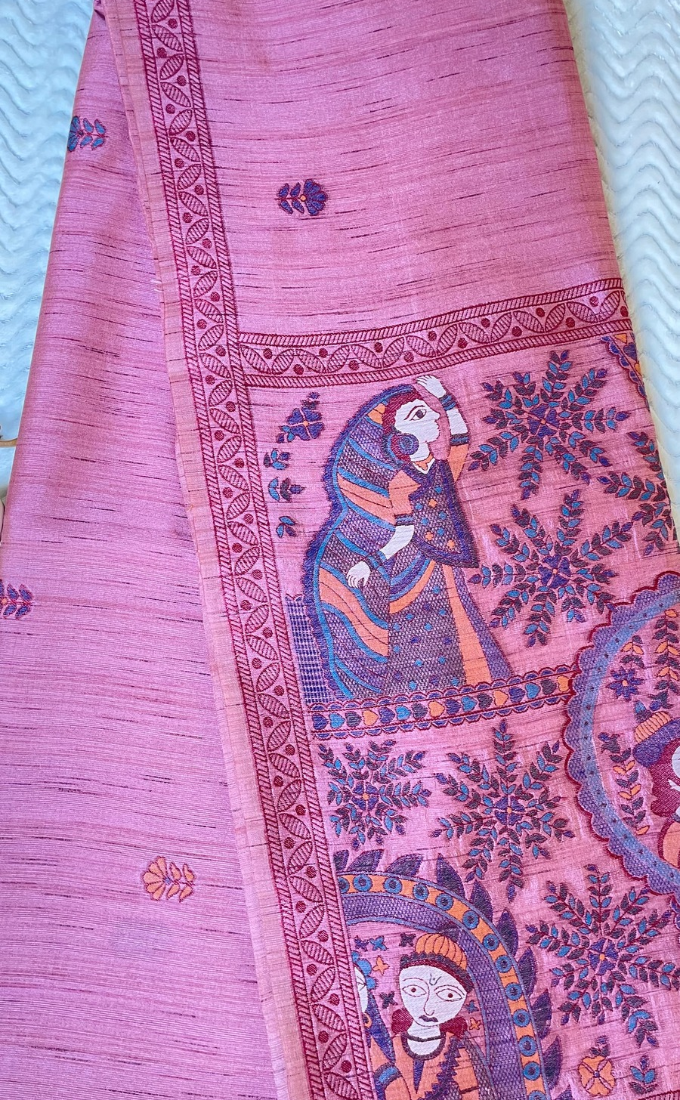 Blush Pink Madhubani Art Saree – Traditional Folk Elegance