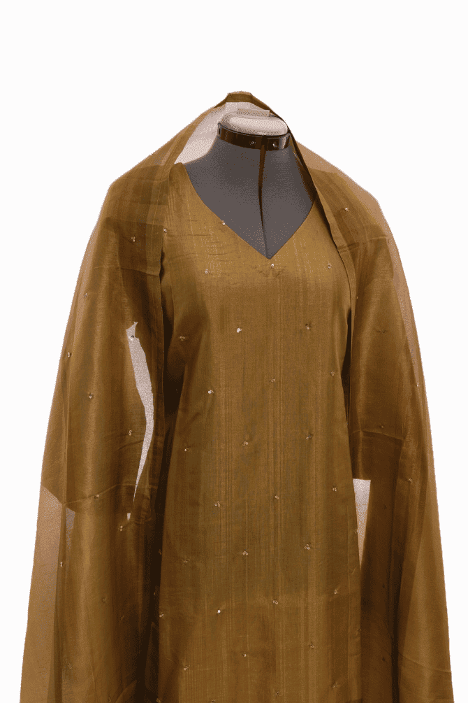 Mustard Semi Tussar Salwar Suit (Three Piece Set) - Image 3
