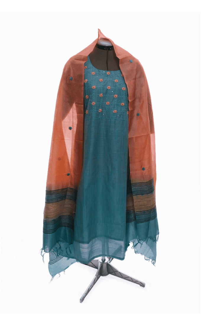 Skyblue and Peach Silk Cotton Salwar Suit