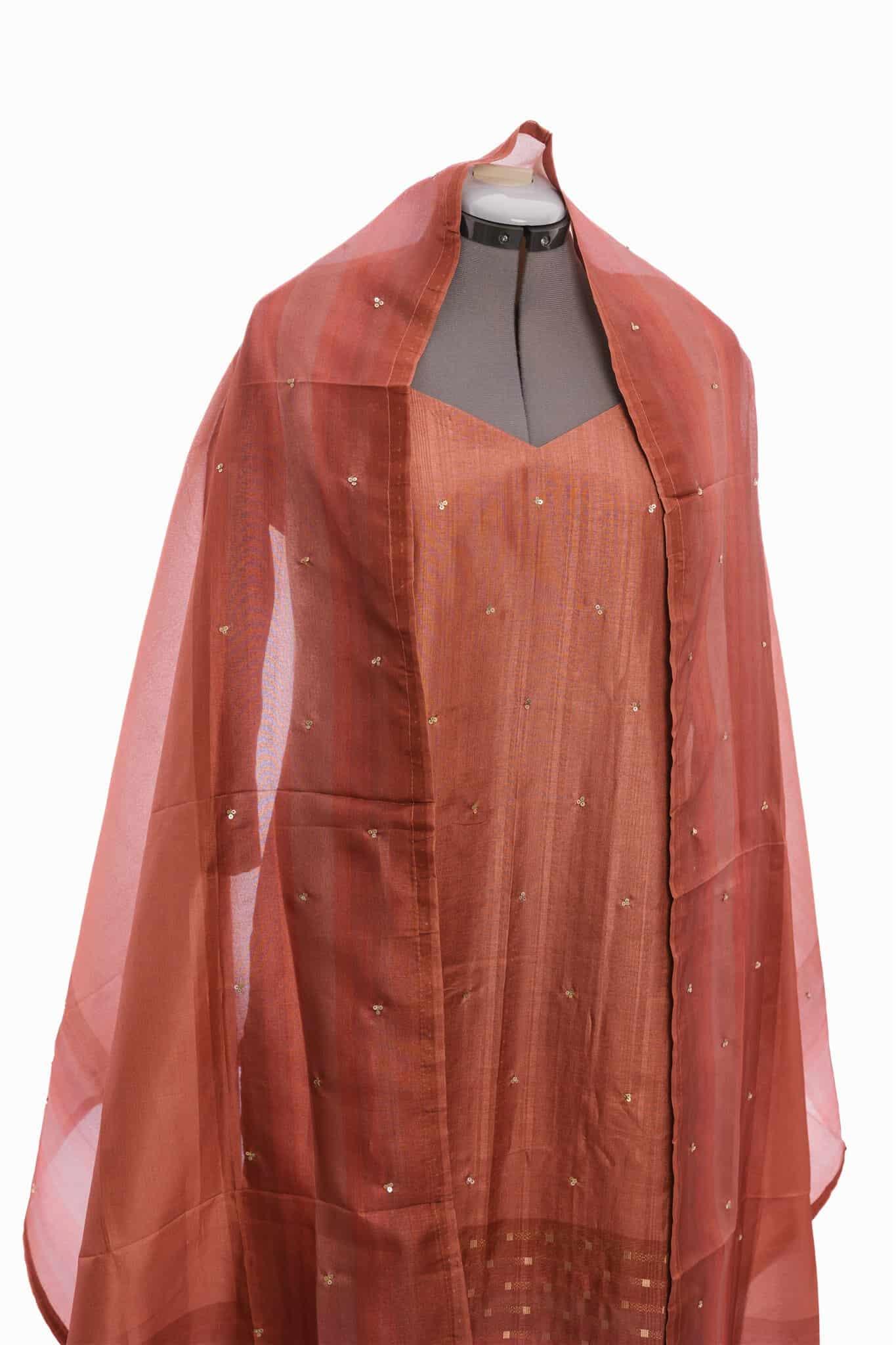 Dark Brick Red Semi Tussar Salwar Suit (Three Piece set) - Image 3