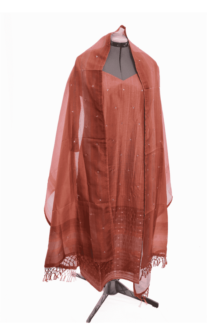 Dark Brick Red Semi Tussar Salwar Suit (Three Piece set)