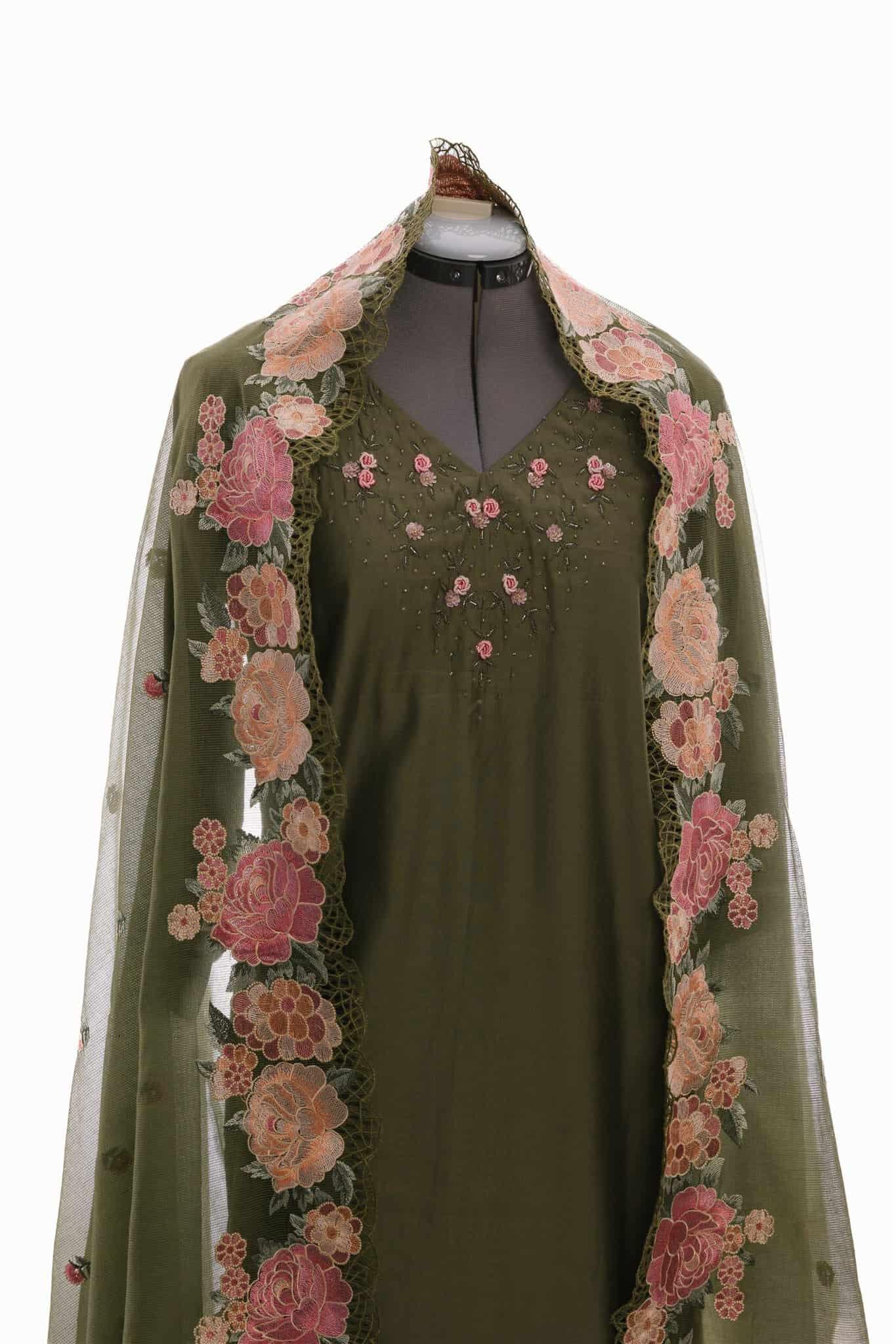 Olive Green Roman Silk Salwar Suit (Three Piece Set) - Image 2