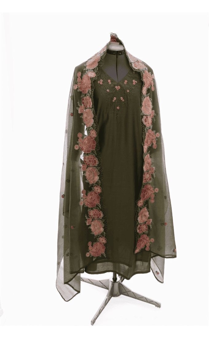 Olive Green Roman Silk Salwar Suit (Three Piece Set)