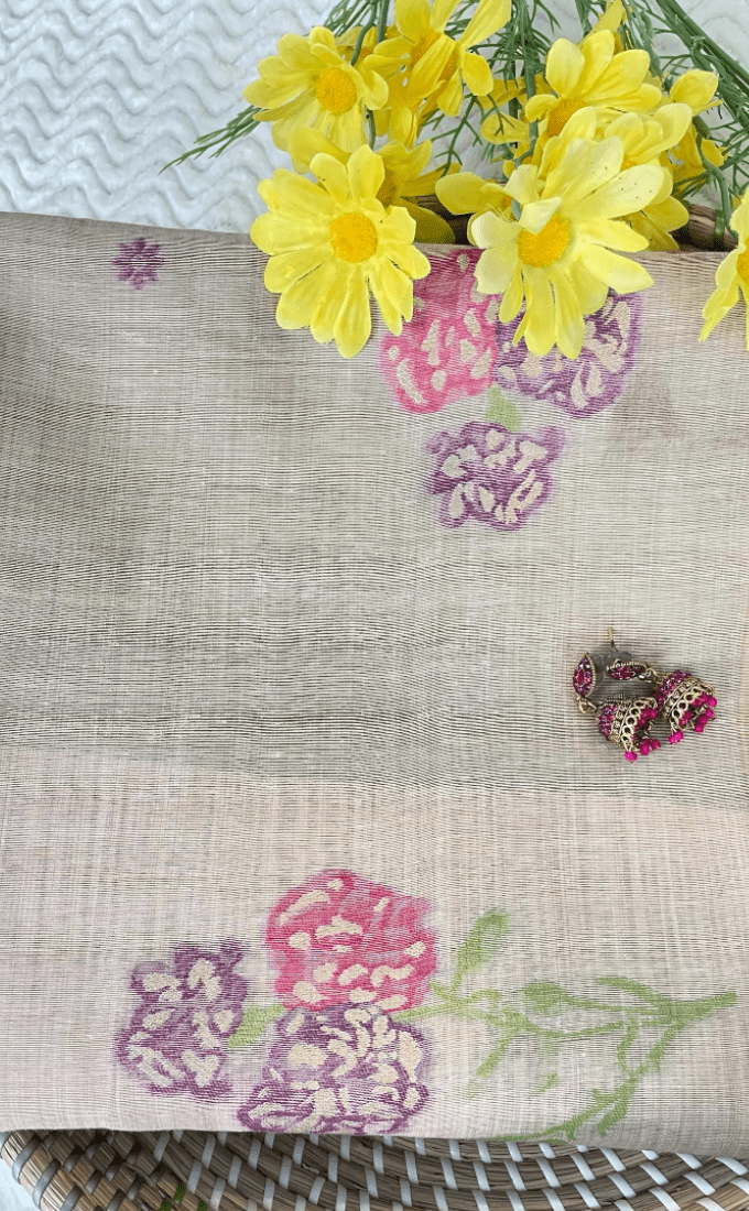 Semi Chanderi Cotton Saree with floral Design