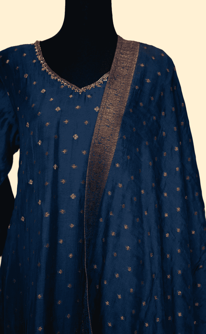 Dark Blue Dola Silk Salwar Suit (Three Piece Set) - Image 3