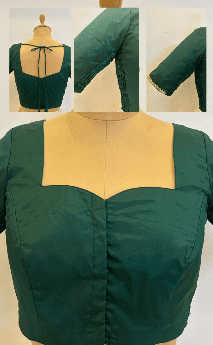 Cotton Silk Stretchable Saree Blouse with Hand Embroidery-Green
