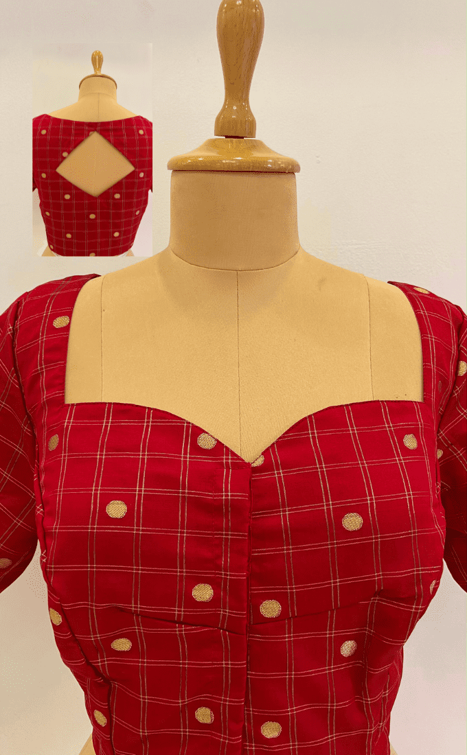 Cotton Silk Cheque design Saree blouse-Red