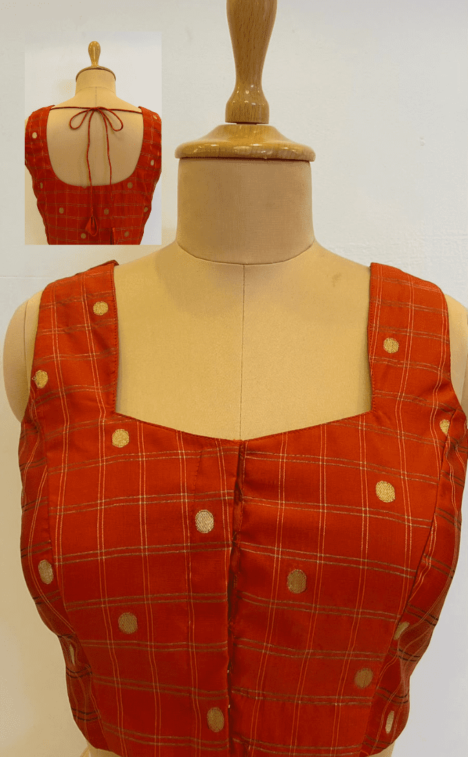 Cotton Silk Cheque design Saree sleeveless blouse- Brick Red