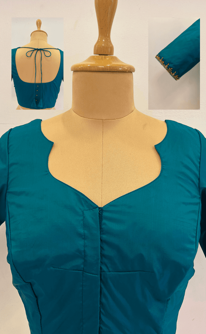 Cotton Silk Blouse with Embroidery on Sleeve - Blue