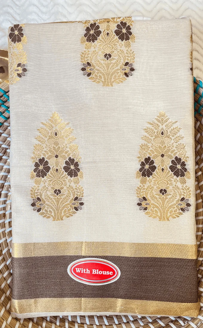 Tissue Silk Kerala Saree with Golden and Brown buttis