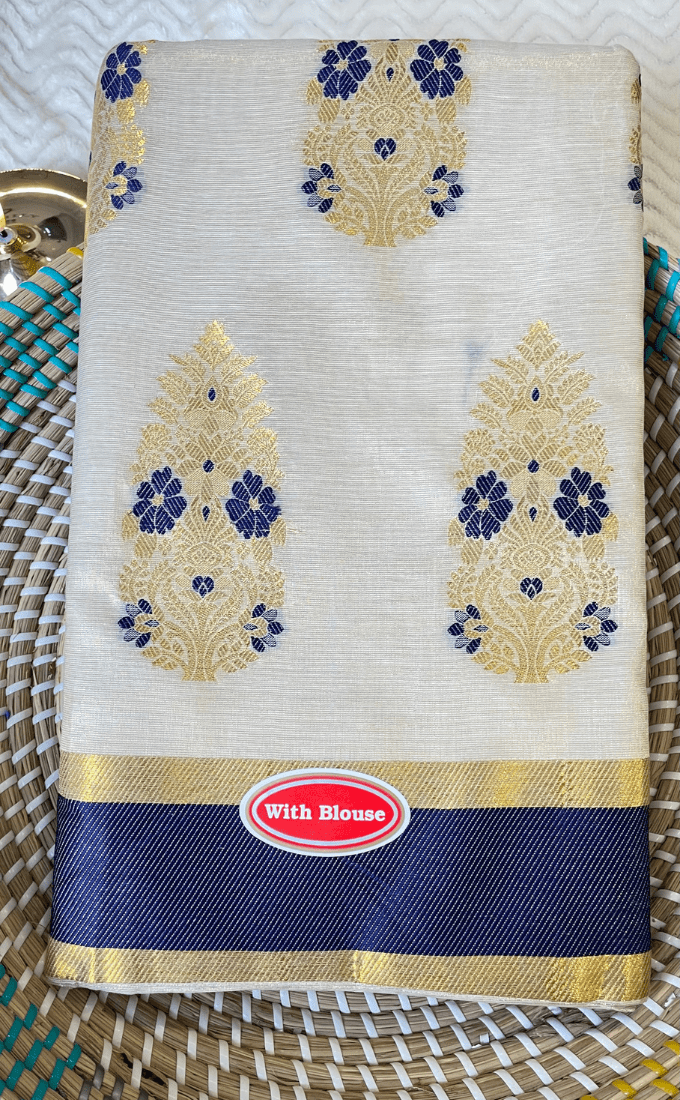 Tissue Silk Kerala Saree with Golden and Blue buttis