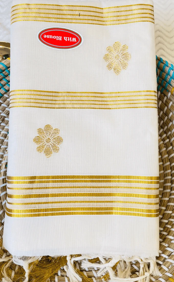 Cotton Kerala Saree with Golden Zari Work