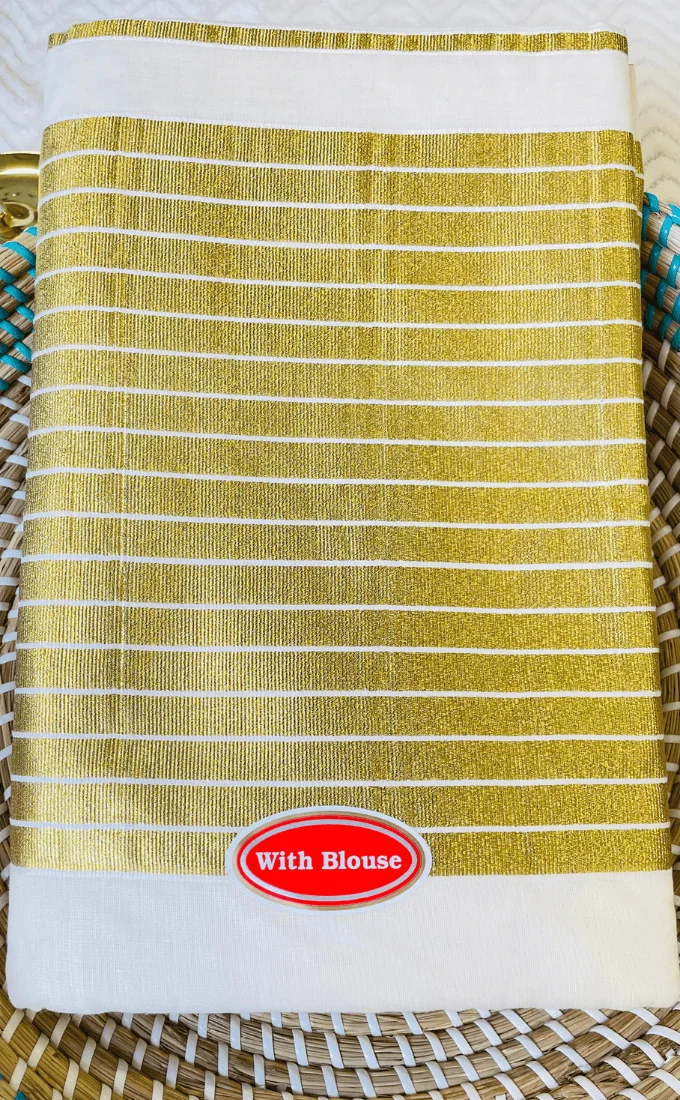 Cotton Kerala Kasavu Saree with Golden Stripes & Blouse | Traditional Onam Saree