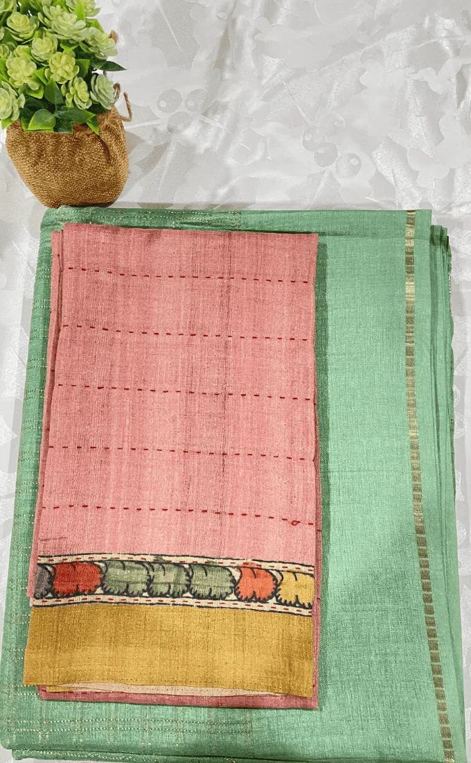 Mint Green Saree with Blush Pink Contrast Blouse
