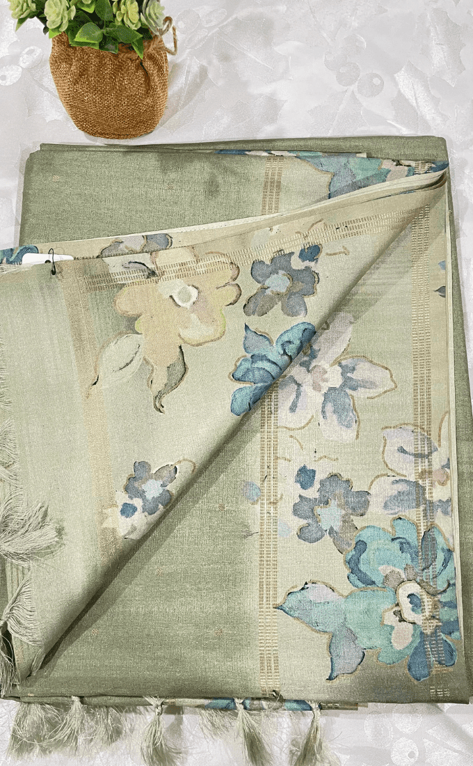 Sage Green Floral Border Saree - Image 2