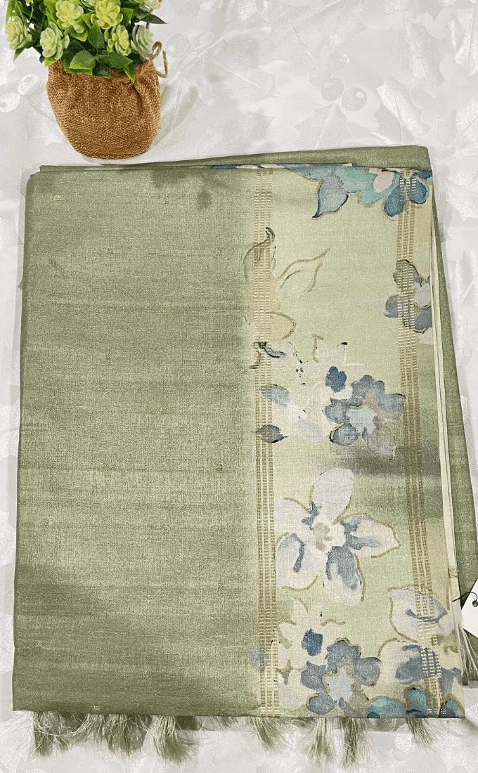 Sage Green Floral Border Saree