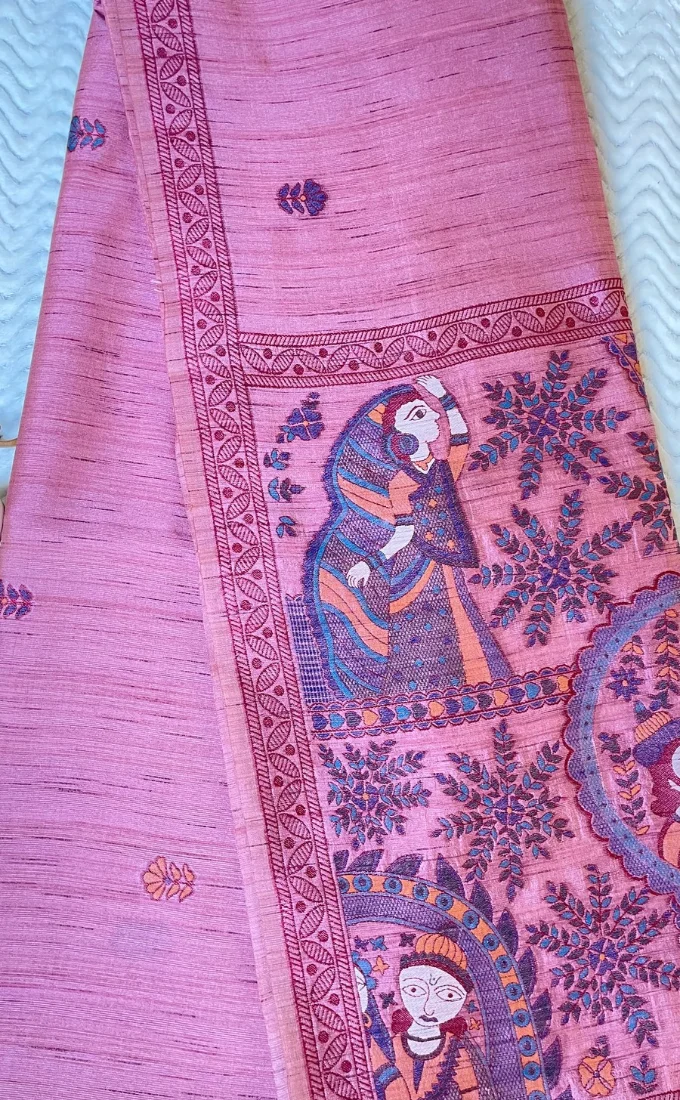 Blush Pink Madhubani Art Saree – Traditional Folk Elegance